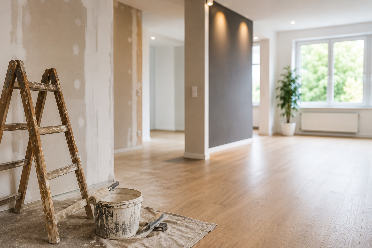 Heller Wohnraum während einer Renovierung: Im Vordergrund stehen eine alte Holzleiter, ein Farbeimer und Malerwerkzeuge. Die Wände sind teilweise verspachtelt, während der Raum mit hellem Holzboden, großen Fenstern und einer Topfpflanze bereits teilweise fertiggestellt wirkt.