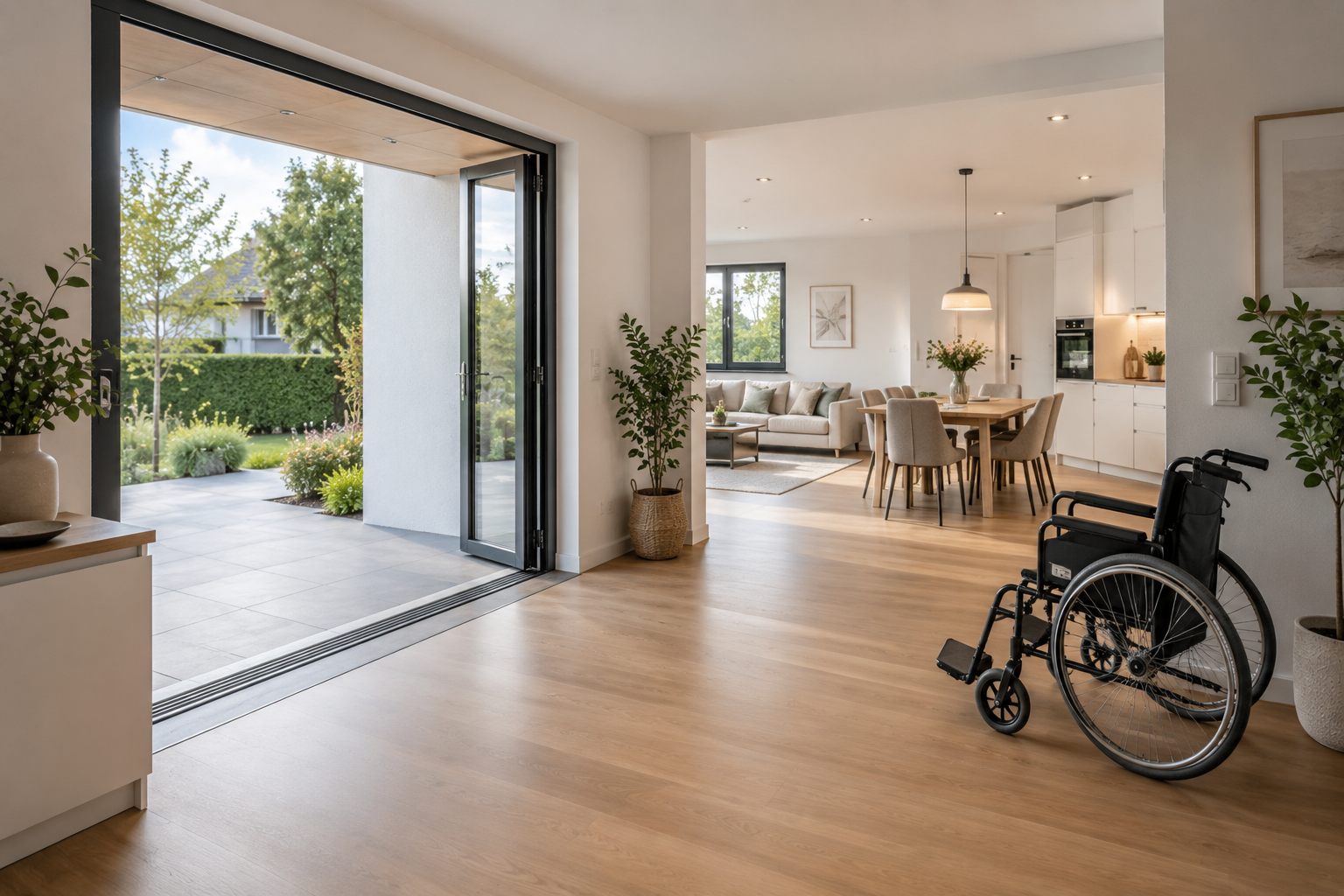Zusehen ist ein heller und modern eingerichteter Wohn- und Essbereich mit offener Tür zur Terrasse. Auf der rechten Seite des Bildes ist zudem ein leerer, schwarzer Rollstuhl zu sehen.