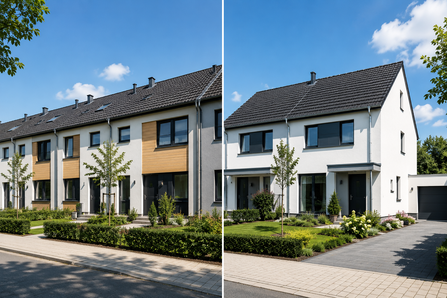 Gegenüberstellung eines Reihenhauses (links) und einer Doppelhaushälfte (rechts) in moderner Bauweise mit Gärten und Zufahrten – zur Veranschaulichung der baulichen Unterschiede.