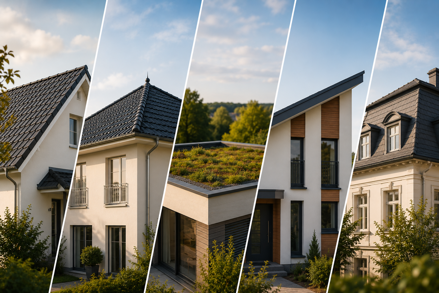 Collage mit fünf unterschiedlichen Hausdächern: Satteldach, Walmdach, begrüntes Flachdach, modernes Pultdach und Mansarddach – als Vergleich verschiedener Dachformen an Wohngebäuden.
