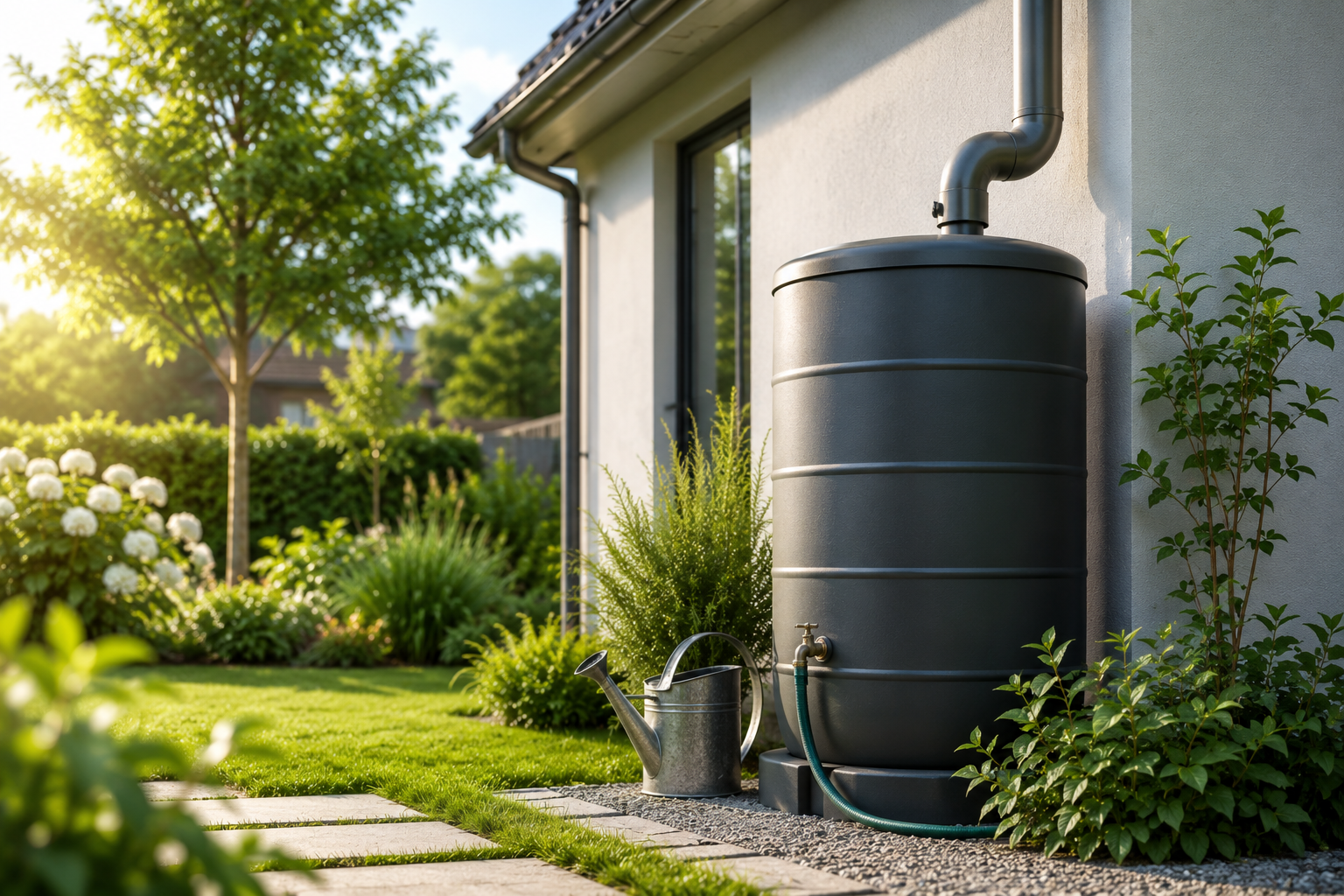 Regentonne an einem Einfamilienhaus sammelt Regenwasser zur nachhaltigen Gartenbewässerung und effizienten Regenwassernutzung im Eigenheim.
