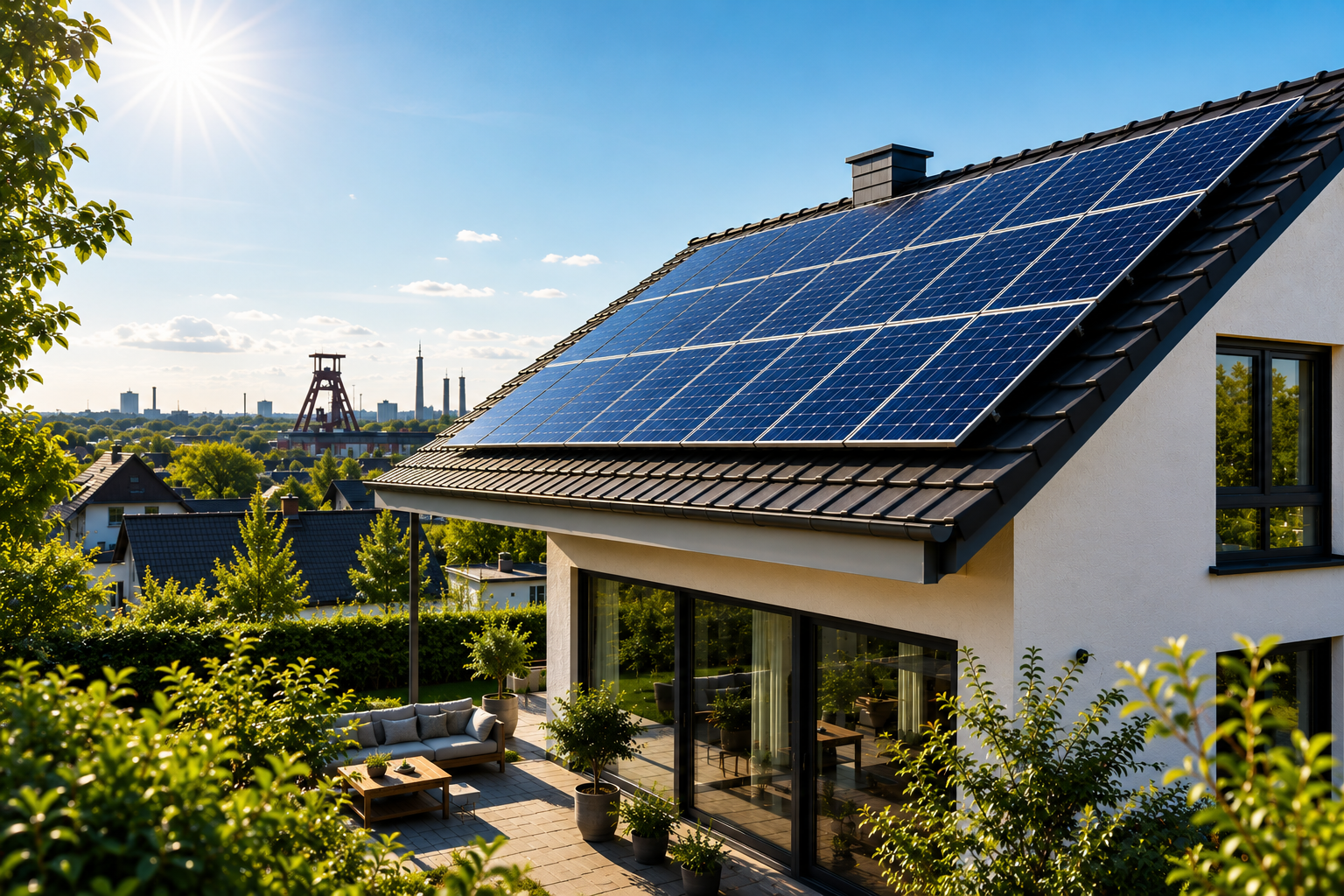 Modernes Einfamilienhaus mit Photovoltaikanlage auf dem Dach an einem sonnigen Sommertag. Die Solarmodule stehen für Energieeffizienz und nachhaltiges Wohnen – ein wichtiges Kaufargument beim Immobilienverkauf im Ruhrgebiet.