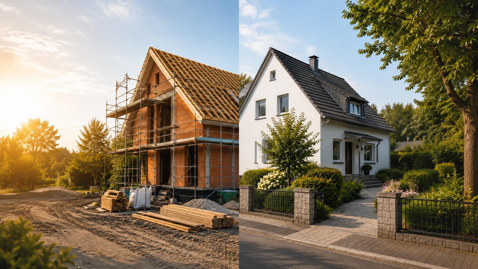 Zwei Seiten sind zusehen. Links ein Haus welches sich im Bau befindet und rechts ein bereits fertiges Haus welches eine Immobilie zum Kauf simbolisiert