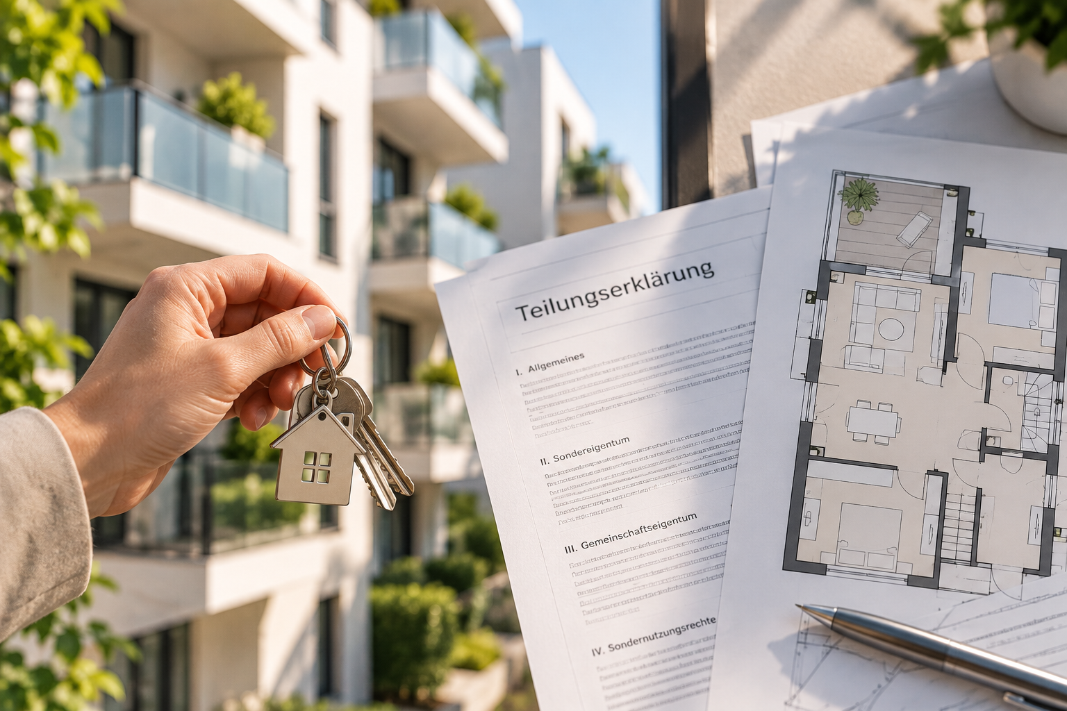 Hand mit Wohnungsschlüsseln vor einem Mehrfamilienhaus, daneben eine Teilungserklärung und ein Grundriss einer Wohnung.