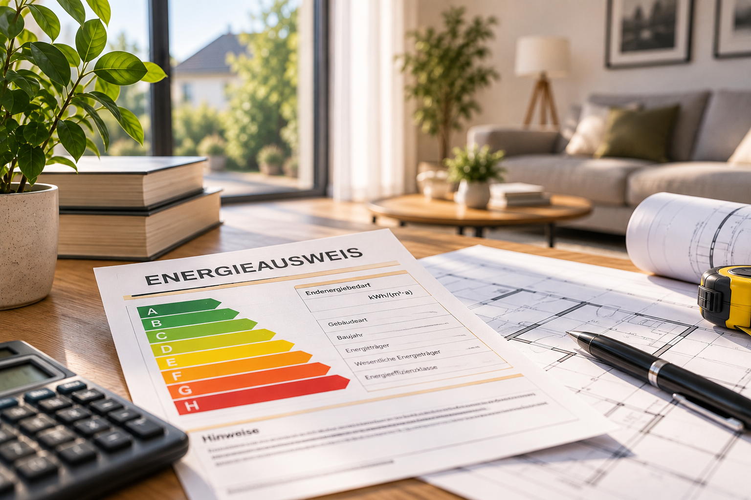 Energieausweis mit Energieeffizienzskala von A bis H auf einem Tisch neben Bauplänen und Taschenrechner, im Hintergrund ein helles, modernes Wohnzimmer.