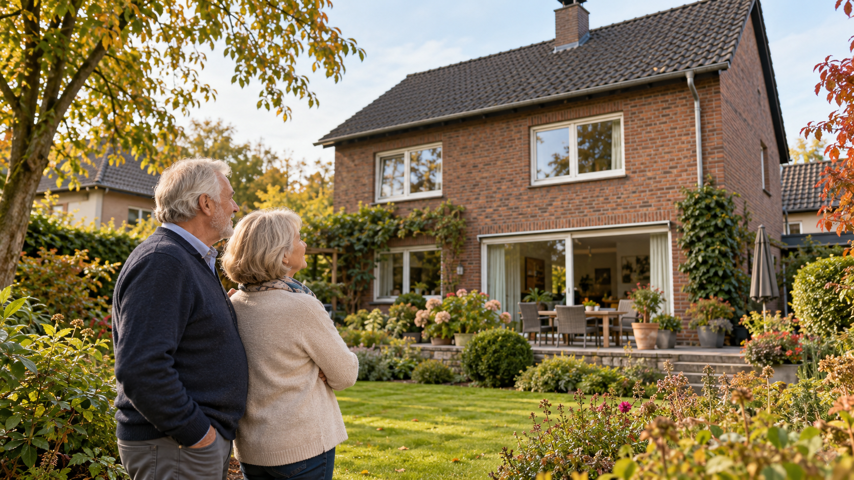 Älteres Paar vor dem eigenen Zuhause – Symbol für selbstbestimmtes Wohnen im Alter.